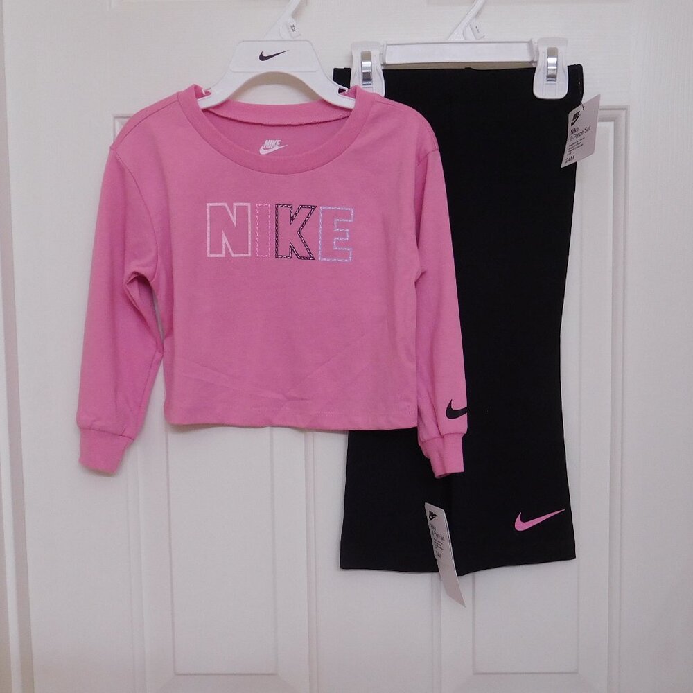 NWT 2pc Nike Pink Top Color Logo Black Flare Leg Pants Set 24 Months